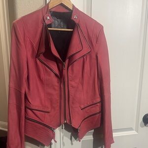 Dawn Levy Coral Leather Jacket with Zipper Accents